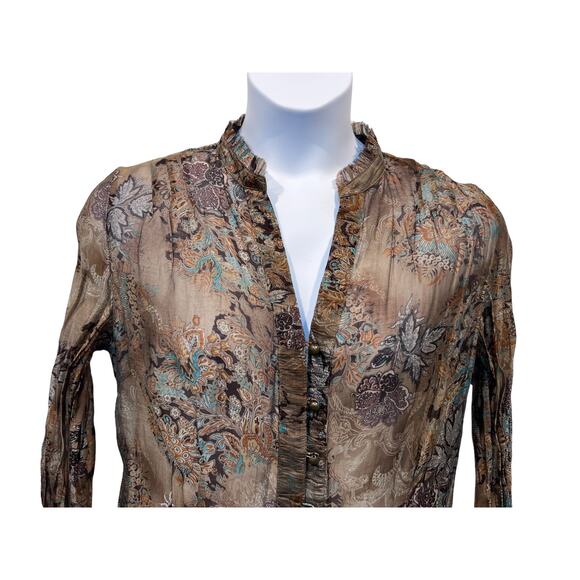 Coldwater Creek Top Wmns Sz Large 14|16 Brown Paisley Leaves Blouse Tuck Detail - Picture 4 of 13